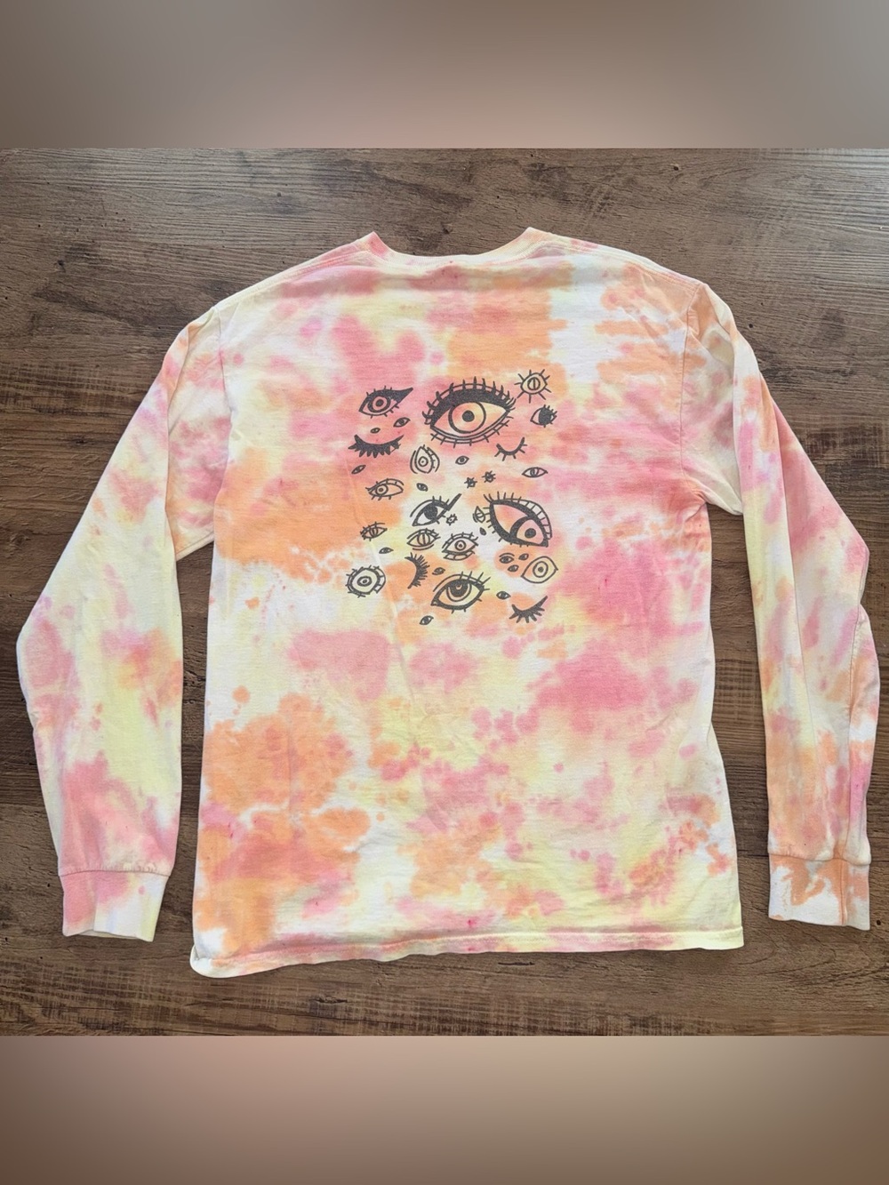 Tie Dye Long Sleeve Small Graphic Tee Eye Print Pink Orange White Boho Hippie S